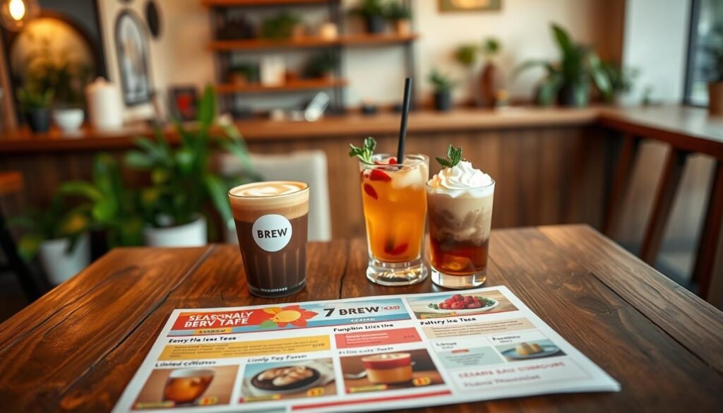A beautifully arranged 7 Brew Cafe menu featuring seasonal and limited-time flavors, positioned on a rustic wooden table. In the foreground, showcase a vibrant, colorful menu with images of seasonal drinks like a pumpkin spice latte, a refreshing berry iced tea, and a rich, creamy cold brew topped with whipped cream. The middle ground includes a coffee cup and a refreshing drink, beautifully styled with fresh fruit and herbs. The background is softly blurred to reveal a cozy café ambiance with warm lighting, wooden shelves, and indoor plants, enhancing a welcoming atmosphere. The scene is captured with a slight overhead angle, emphasizing the menu's details, creating a warm and inviting mood perfect for coffee lovers. A beautifully arranged 7 Brew Cafe menu featuring seasonal and limited-time flavors, positioned on a rustic wooden table. In the foreground, showcase a vibrant, colorful menu with images of seasonal drinks like a pumpkin spice latte, a refreshing berry iced tea, and a rich, creamy cold brew topped with whipped cream. The middle ground includes a coffee cup and a refreshing drink, beautifully styled with fresh fruit and herbs. The background is softly blurred to reveal a cozy café ambiance with warm lighting, wooden shelves, and indoor plants, enhancing a welcoming atmosphere. The scene is captured with a slight overhead angle, emphasizing the menu's details, creating a warm and inviting mood perfect for coffee lovers.