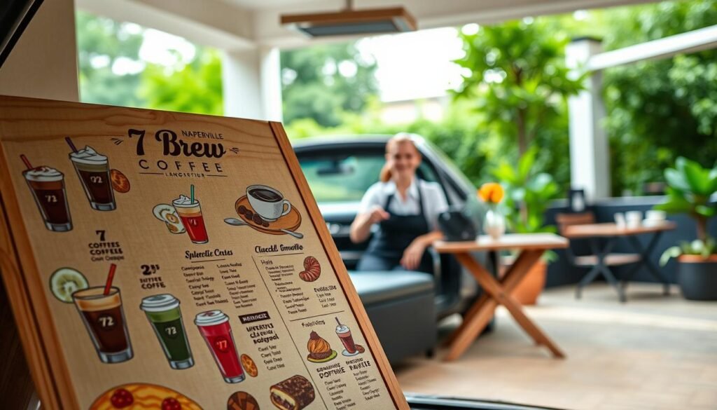 A beautifully arranged coffee shop menu featuring "7 Brew Coffee Naperville" in an inviting drive-thru setting. In the foreground, display a wooden menu board with vibrant illustrations of delicious coffee drinks, smoothies, and pastries, artfully crafted with rich colors. In the middle ground, include a friendly barista in professional attire, cheerfully taking an order through a drive-thru window. In the background, show a cozy outdoor seating area with lush greenery, creating a warm and welcoming atmosphere. Use soft, natural lighting to enhance the freshness of the menu items and capture an inviting, cheerful mood. The angle should be slightly elevated to provide a comprehensive view of the menu and the lively drive-thru experience, focusing on connection and customization for customers. A beautifully arranged coffee shop menu featuring "7 Brew Coffee Naperville" in an inviting drive-thru setting. In the foreground, display a wooden menu board with vibrant illustrations of delicious coffee drinks, smoothies, and pastries, artfully crafted with rich colors. In the middle ground, include a friendly barista in professional attire, cheerfully taking an order through a drive-thru window. In the background, show a cozy outdoor seating area with lush greenery, creating a warm and welcoming atmosphere. Use soft, natural lighting to enhance the freshness of the menu items and capture an inviting, cheerful mood. The angle should be slightly elevated to provide a comprehensive view of the menu and the lively drive-thru experience, focusing on connection and customization for customers.