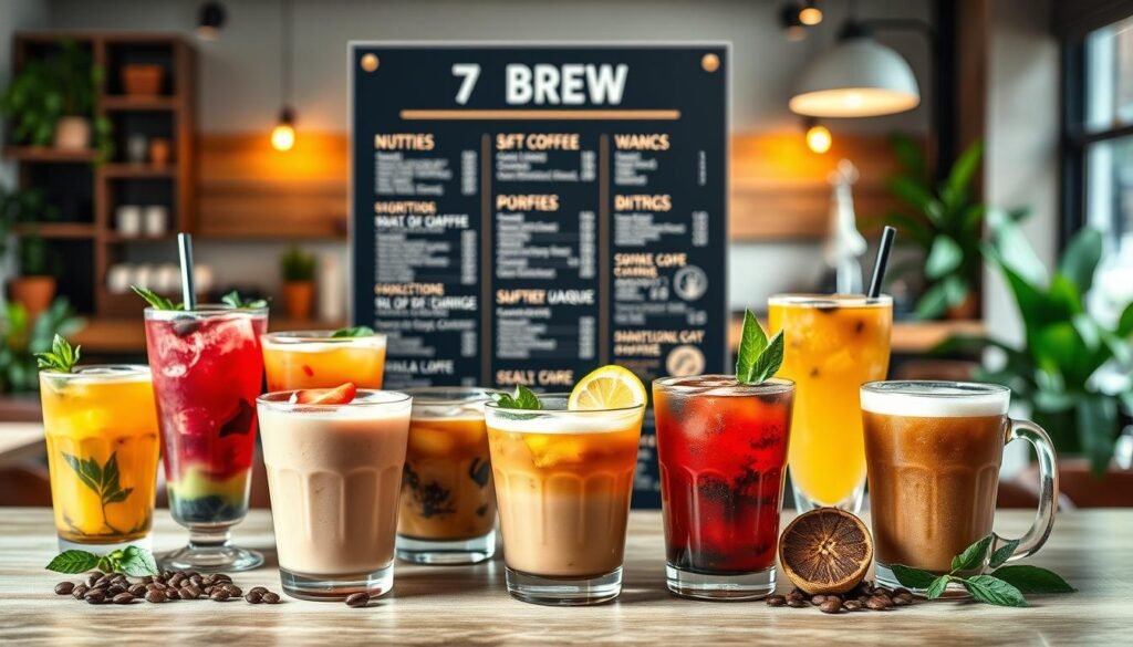 A beautifully arranged flat lay of a 7 Brew menu showcasing a variety of craft coffee and refreshing drink options. In the foreground, place vibrant cups filled with colorful iced drinks and steaming coffee, each with varying textures and patterns of foam, garnished with fresh herbs and fruit slices. The middle ground features an elegantly styled menu board, highlighting nutrition and dietary info, accented by fresh coffee beans and spices. In the background, softly blurred, a chic coffee shop interior with warm lighting, wooden accents, and lively plants creates a welcoming atmosphere. Use soft, natural lighting to enhance the freshness of the ingredients and drinks. The composition should evoke a sense of innovation and health, inviting viewers to explore the menu. A beautifully arranged flat lay of a 7 Brew menu showcasing a variety of craft coffee and refreshing drink options. In the foreground, place vibrant cups filled with colorful iced drinks and steaming coffee, each with varying textures and patterns of foam, garnished with fresh herbs and fruit slices. The middle ground features an elegantly styled menu board, highlighting nutrition and dietary info, accented by fresh coffee beans and spices. In the background, softly blurred, a chic coffee shop interior with warm lighting, wooden accents, and lively plants creates a welcoming atmosphere. Use soft, natural lighting to enhance the freshness of the ingredients and drinks. The composition should evoke a sense of innovation and health, inviting viewers to explore the menu.