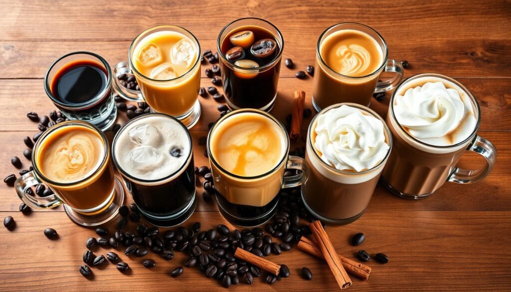 A beautifully arranged flat lay of seven distinct coffee-based beverages, each in elegant glassware, showcasing their unique flavor profiles. The drinks include a rich espresso, a creamy cappuccino with a delicate foam art, a vibrant cold brew with ice, a sweet caramel macchiato, a refreshing iced latte, a fragrant mocha topped with whipped cream, and a herbal-infused coffee blend. Surround them with coffee beans and fresh ingredients like vanilla pods and cinnamon sticks for added texture. The lighting is warm and inviting, casting soft shadows on the wooden table beneath. Use a shallow depth of field to blur the background slightly, emphasizing the drinks in the foreground. The mood is cozy and enticing, perfect for coffee lovers exploring new flavors. A beautifully arranged flat lay of seven distinct coffee-based beverages, each in elegant glassware, showcasing their unique flavor profiles. The drinks include a rich espresso, a creamy cappuccino with a delicate foam art, a vibrant cold brew with ice, a sweet caramel macchiato, a refreshing iced latte, a fragrant mocha topped with whipped cream, and a herbal-infused coffee blend. Surround them with coffee beans and fresh ingredients like vanilla pods and cinnamon sticks for added texture. The lighting is warm and inviting, casting soft shadows on the wooden table beneath. Use a shallow depth of field to blur the background slightly, emphasizing the drinks in the foreground. The mood is cozy and enticing, perfect for coffee lovers exploring new flavors.