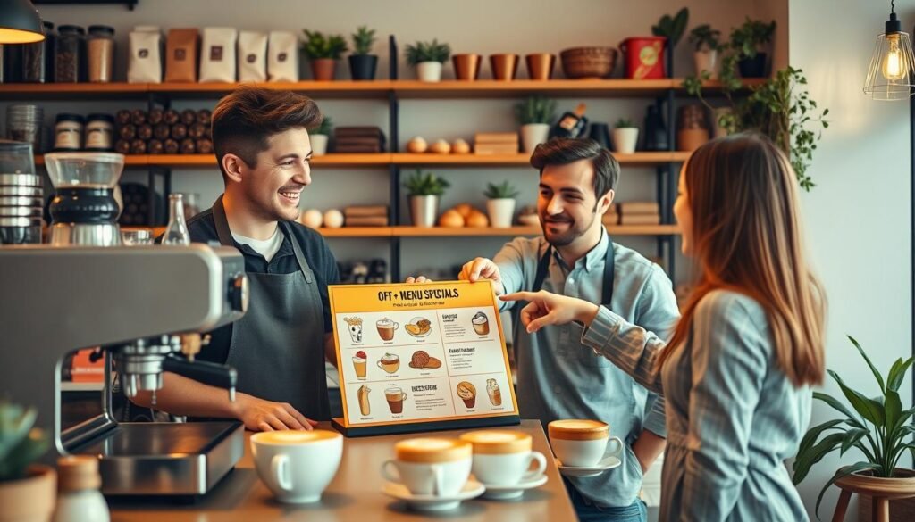 A cozy and vibrant café scene featuring a friendly barista at a counter, dressed in a professional apron, engaged in an animated conversation with a customer. The barista is showcasing a colorful menu board that highlights off-menu specials with enticing illustrations. The foreground includes a stylish coffee machine and freshly brewed cups of coffee with unique latte art. In the middle ground, a customer is eagerly pointing towards the menu, with a look of curiosity and excitement. The background features shelves filled with coffee beans, pastries, and plants, creating an inviting atmosphere. Soft, warm lighting casts a welcoming glow, evoking a sense of community and discovery. The image captures the essence of ordering unique coffee drinks, encouraging exploration and conversation. A cozy and vibrant café scene featuring a friendly barista at a counter, dressed in a professional apron, engaged in an animated conversation with a customer. The barista is showcasing a colorful menu board that highlights off-menu specials with enticing illustrations. The foreground includes a stylish coffee machine and freshly brewed cups of coffee with unique latte art. In the middle ground, a customer is eagerly pointing towards the menu, with a look of curiosity and excitement. The background features shelves filled with coffee beans, pastries, and plants, creating an inviting atmosphere. Soft, warm lighting casts a welcoming glow, evoking a sense of community and discovery. The image captures the essence of ordering unique coffee drinks, encouraging exploration and conversation.
