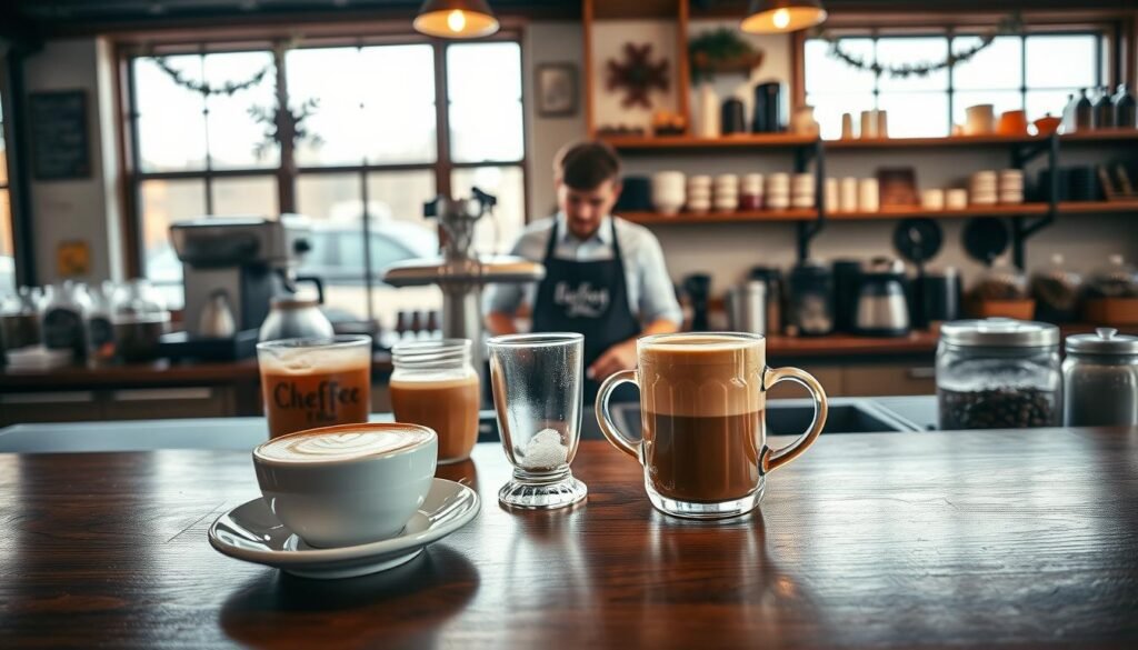 A cozy café scene inside a classic coffee shop in Naperville, showcasing an elegant wooden counter lined with various coffee options. In the foreground, a beautifully crafted latte with intricate foam art sits atop a simple white saucer. Next to it, a cold brew in a clear glass with condensation, and an Americano in a classic ceramic mug. The middle layer features a barista in a smart apron attentively preparing coffee, surrounded by glass jars of coffee beans and seasonal decorations. In the background, large windows let in warm, natural light, illuminating the rustic wooden shelves stocked with coffee accessories and pastries. The atmosphere feels inviting and relaxed, perfect for a leisurely coffee experience. The image captures the essence of classic coffee culture, emphasizing freshness and flavor. A cozy café scene inside a classic coffee shop in Naperville, showcasing an elegant wooden counter lined with various coffee options. In the foreground, a beautifully crafted latte with intricate foam art sits atop a simple white saucer. Next to it, a cold brew in a clear glass with condensation, and an Americano in a classic ceramic mug. The middle layer features a barista in a smart apron attentively preparing coffee, surrounded by glass jars of coffee beans and seasonal decorations. In the background, large windows let in warm, natural light, illuminating the rustic wooden shelves stocked with coffee accessories and pastries. The atmosphere feels inviting and relaxed, perfect for a leisurely coffee experience. The image captures the essence of classic coffee culture, emphasizing freshness and flavor.