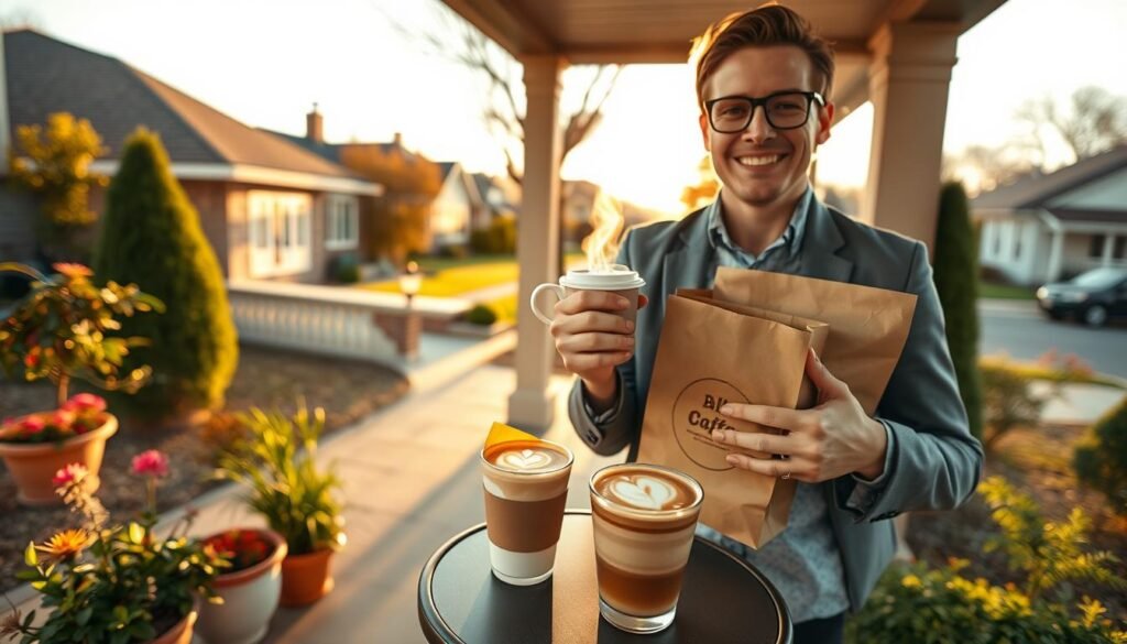 A cozy coffee delivery scene in Parma Heights, featuring a stylish delivery person wearing professional casual attire, holding a steaming cup of coffee in one hand and a branded brown paper bag in the other. The foreground includes an inviting porch with colorful potted plants and a small table set up with a freshly brewed coffee cup, showcasing enticing layers of latte art. In the middle ground, a quaint suburban street with charming houses and trees creates a serene backdrop. The lighting is warm and golden, reminiscent of a sunny morning, casting soft shadows that enhance the peaceful atmosphere. The angle captures the delivery person's cheerful expression, emphasizing a sense of community and quality service. A cozy coffee delivery scene in Parma Heights, featuring a stylish delivery person wearing professional casual attire, holding a steaming cup of coffee in one hand and a branded brown paper bag in the other. The foreground includes an inviting porch with colorful potted plants and a small table set up with a freshly brewed coffee cup, showcasing enticing layers of latte art. In the middle ground, a quaint suburban street with charming houses and trees creates a serene backdrop. The lighting is warm and golden, reminiscent of a sunny morning, casting soft shadows that enhance the peaceful atmosphere. The angle captures the delivery person's cheerful expression, emphasizing a sense of community and quality service.