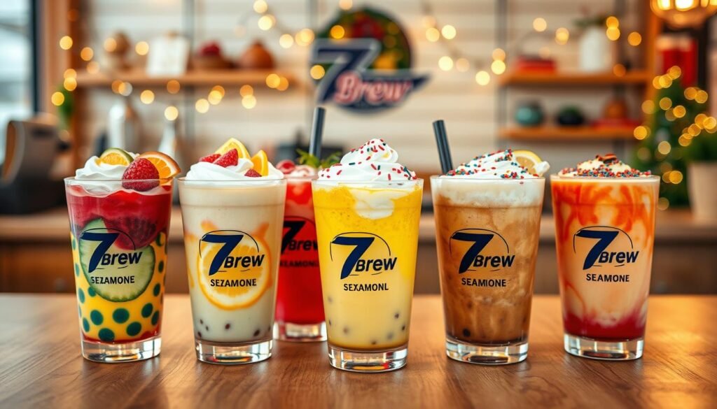 A vibrant and enticing display of seven unique seasonal energy drink items from a fictional coffee shop called "7 Brew." In the foreground, showcase an array of colorful drinks in clear cups, each adorned with seasonal garnishes like whipped cream, fruit slices, and festive sprinkles. The middle layer should feature a wooden counter, adding a rustic touch with subtle natural wood grain. In the background, hint at a cozy café ambiance with soft lighting and decorative elements, such as seasonal ornaments and twinkling fairy lights to enhance the mood. Use warm, inviting lighting to create a sense of excitement and approachability, with a slightly blurred depth of field to focus on the drinks in the foreground, capturing the essence of limited-time, challenge-style menu items. A vibrant and enticing display of seven unique seasonal energy drink items from a fictional coffee shop called "7 Brew." In the foreground, showcase an array of colorful drinks in clear cups, each adorned with seasonal garnishes like whipped cream, fruit slices, and festive sprinkles. The middle layer should feature a wooden counter, adding a rustic touch with subtle natural wood grain. In the background, hint at a cozy café ambiance with soft lighting and decorative elements, such as seasonal ornaments and twinkling fairy lights to enhance the mood. Use warm, inviting lighting to create a sense of excitement and approachability, with a slightly blurred depth of field to focus on the drinks in the foreground, capturing the essence of limited-time, challenge-style menu items.