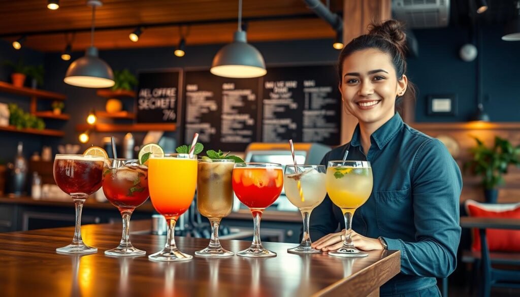 A vibrant and inviting coffee shop interior showcasing a stylish wooden counter featuring 7 Brew Energy’s secret menu drinks, specifically highlighting sugar-free options. In the foreground, a barista in professional attire, smiling and presenting an array of colorful beverages in elegant glasses, with a focus on fresh fruits and herbs for garnish. The middle ground includes a neatly arranged menu display behind the counter, with bright lights accentuating the drinks. The background shows a cozy atmosphere with warm lighting, wooden accents, and comfortable seating, inviting customers to explore allergy-friendly options. The mood is energetic yet welcoming, capturing the essence of a trendy coffee shop specializing in innovative, health-conscious snacks and beverages. The image is shot with a soft focus lens to enhance the warmth and vibrancy, creating an inviting atmosphere. A vibrant and inviting coffee shop interior showcasing a stylish wooden counter featuring 7 Brew Energy’s secret menu drinks, specifically highlighting sugar-free options. In the foreground, a barista in professional attire, smiling and presenting an array of colorful beverages in elegant glasses, with a focus on fresh fruits and herbs for garnish. The middle ground includes a neatly arranged menu display behind the counter, with bright lights accentuating the drinks. The background shows a cozy atmosphere with warm lighting, wooden accents, and comfortable seating, inviting customers to explore allergy-friendly options. The mood is energetic yet welcoming, capturing the essence of a trendy coffee shop specializing in innovative, health-conscious snacks and beverages. The image is shot with a soft focus lens to enhance the warmth and vibrancy, creating an inviting atmosphere.