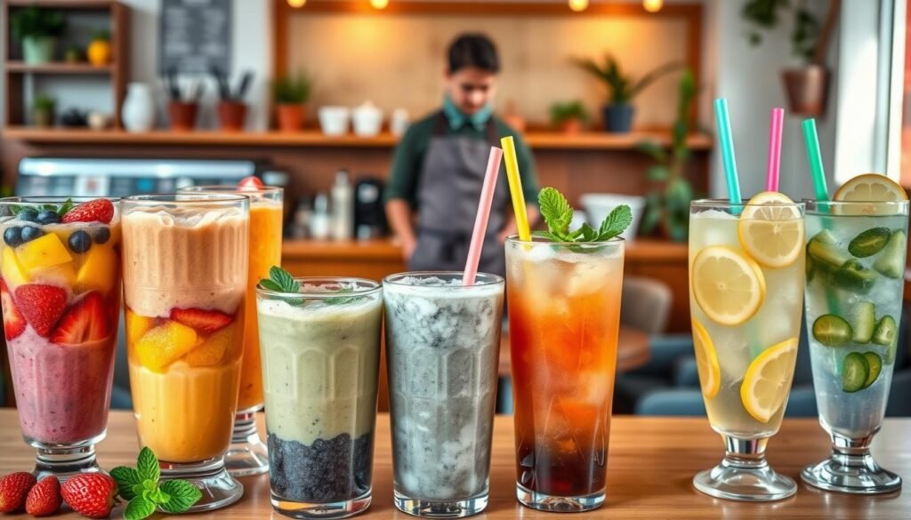 A vibrant and inviting scene showcasing a variety of smoothies, teas, and lemonades served at a cozy café in Parma Heights. In the foreground, an arrangement of colorful smoothies in clear glass cups, featuring layers of fruits like strawberries, mangoes, and blueberries, garnished with fresh mint leaves. Adjacent, neatly displayed iced teas with citrus slices and lemonades with colorful straws. The middle area includes a warm wooden counter with a barista in a professional apron, skillfully preparing drinks. In the background, a softly lit café ambiance with potted plants and cozy seating. The lighting is natural, casting a soft glow on the drinks, creating a refreshing and welcoming atmosphere, perfect for a relaxing sip and savor experience. A vibrant and inviting scene showcasing a variety of smoothies, teas, and lemonades served at a cozy café in Parma Heights. In the foreground, an arrangement of colorful smoothies in clear glass cups, featuring layers of fruits like strawberries, mangoes, and blueberries, garnished with fresh mint leaves. Adjacent, neatly displayed iced teas with citrus slices and lemonades with colorful straws. The middle area includes a warm wooden counter with a barista in a professional apron, skillfully preparing drinks. In the background, a softly lit café ambiance with potted plants and cozy seating. The lighting is natural, casting a soft glow on the drinks, creating a refreshing and welcoming atmosphere, perfect for a relaxing sip and savor experience.