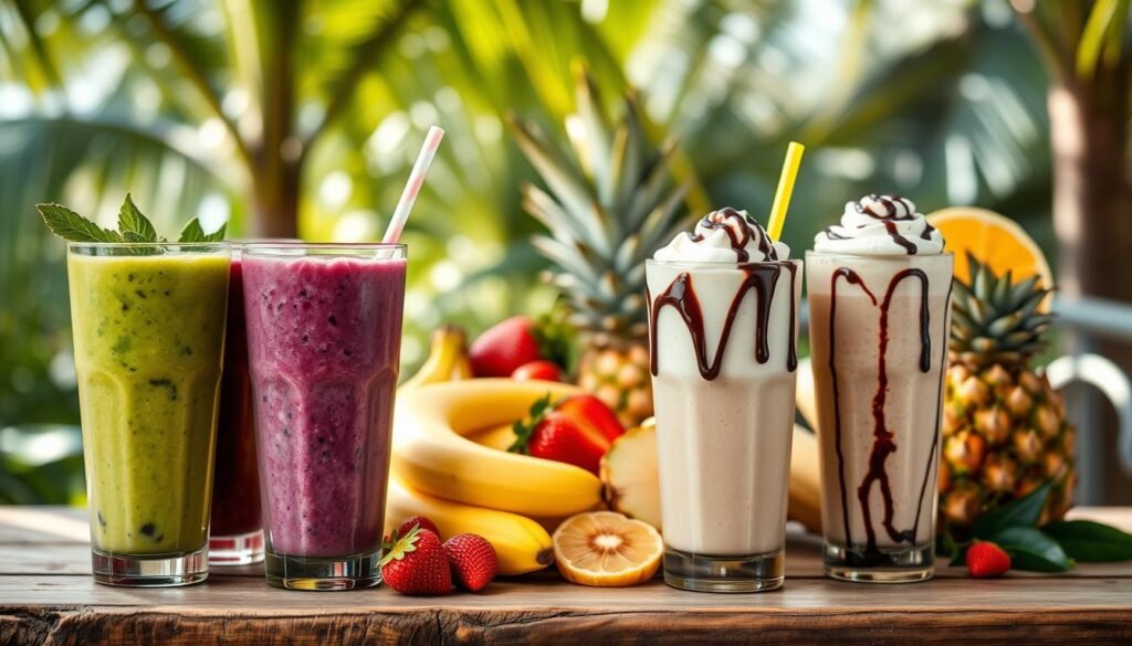 A vibrant assortment of smoothies and shakes displayed on a rustic wooden table, showcasing an enticing variety of fruity, tropical, and indulgent options. In the foreground, three colorful smoothies in tall glasses: one bright green with spinach and kiwi, another deep purple with blueberries and yogurt, and a creamy beige shake topped with whipped cream and chocolate drizzle. In the middle, a selection of fresh fruits like bananas, strawberries, and pineapples artistically arranged. The background features a blurred tropical setting with palm leaves and soft sunlight filtering through, creating a warm and inviting atmosphere. The scene captures a refreshing and indulgent mood, exuding the joy of flavorful variety. Soft, natural lighting accentuates the colors of the smoothies, creating a tempting and delightful presentation. A vibrant assortment of smoothies and shakes displayed on a rustic wooden table, showcasing an enticing variety of fruity, tropical, and indulgent options. In the foreground, three colorful smoothies in tall glasses: one bright green with spinach and kiwi, another deep purple with blueberries and yogurt, and a creamy beige shake topped with whipped cream and chocolate drizzle. In the middle, a selection of fresh fruits like bananas, strawberries, and pineapples artistically arranged. The background features a blurred tropical setting with palm leaves and soft sunlight filtering through, creating a warm and inviting atmosphere. The scene captures a refreshing and indulgent mood, exuding the joy of flavorful variety. Soft, natural lighting accentuates the colors of the smoothies, creating a tempting and delightful presentation.