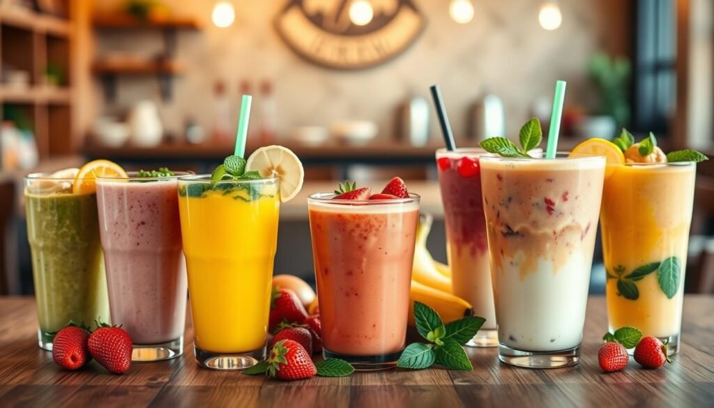 A visually appealing display of seven vibrant, refreshing smoothies from the 7 Brew Coffee menu. In the foreground, focus on colorful smoothie cups filled with various fruits: a bright mango smoothie topped with pineapple slices, a green spinach and avocado blend, a rich berry medley, a creamy banana shake, a tropical passionfruit shake, and a refreshing citrus citrus blend. In the middle, a wooden table with fresh ingredients like strawberries, bananas, and mint leaves creates an inviting atmosphere. The background features a softly blurred café setting with warm lighting, enhancing the cozy and friendly vibe. The mood should be lively and fresh, conveying a sense of enjoyment and flavor. Use a soft focus lens to highlight the smoothies while keeping the background inviting yet subtle. A visually appealing display of seven vibrant, refreshing smoothies from the 7 Brew Coffee menu. In the foreground, focus on colorful smoothie cups filled with various fruits: a bright mango smoothie topped with pineapple slices, a green spinach and avocado blend, a rich berry medley, a creamy banana shake, a tropical passionfruit shake, and a refreshing citrus citrus blend. In the middle, a wooden table with fresh ingredients like strawberries, bananas, and mint leaves creates an inviting atmosphere. The background features a softly blurred café setting with warm lighting, enhancing the cozy and friendly vibe. The mood should be lively and fresh, conveying a sense of enjoyment and flavor. Use a soft focus lens to highlight the smoothies while keeping the background inviting yet subtle.