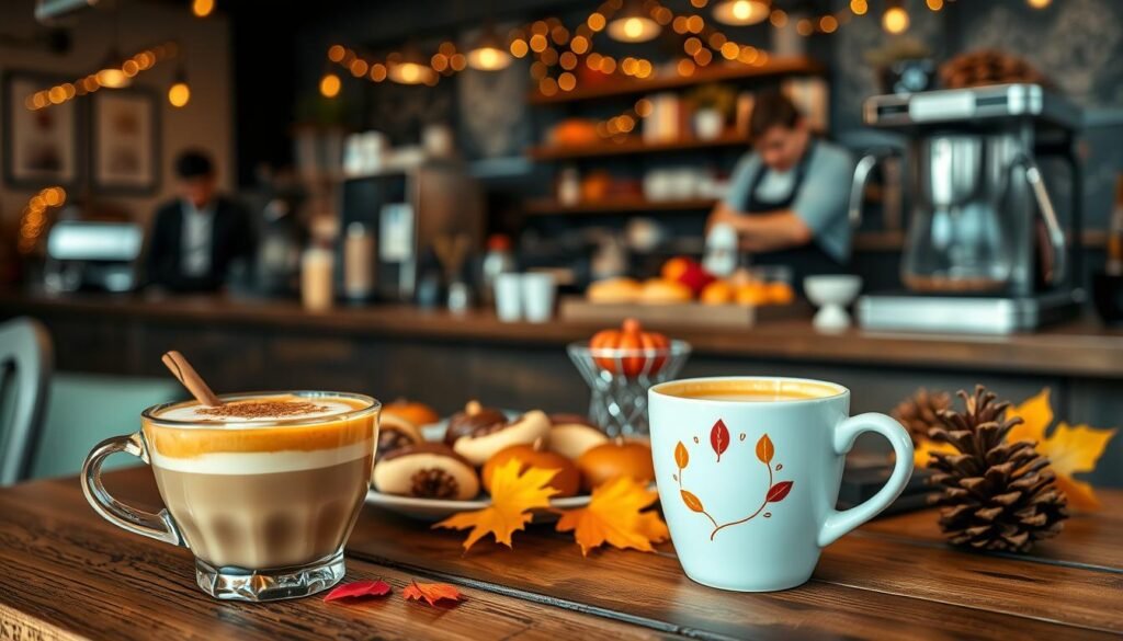 A warmly lit coffee shop setting showcasing an array of seasonal coffee offerings, prominently displayed on a rustic wooden table. In the foreground, a beautifully crafted latte topped with cinnamon and a sprinkle of nutmeg sits beside a vibrant pumpkin spice latte in an autumn-themed cup. The middle ground features an assortment of small pastries and colorful seasonal decor, such as fallen leaves and pinecones, enhancing the cozy atmosphere. In the background, a softly blurred coffee bar with baristas in casual but professional attire prepares fresh brews, illuminated by warm string lights. The mood is inviting and festive, perfect for celebrating seasonal flavors, captured from a slightly elevated angle to highlight all elements cohesively. A warmly lit coffee shop setting showcasing an array of seasonal coffee offerings, prominently displayed on a rustic wooden table. In the foreground, a beautifully crafted latte topped with cinnamon and a sprinkle of nutmeg sits beside a vibrant pumpkin spice latte in an autumn-themed cup. The middle ground features an assortment of small pastries and colorful seasonal decor, such as fallen leaves and pinecones, enhancing the cozy atmosphere. In the background, a softly blurred coffee bar with baristas in casual but professional attire prepares fresh brews, illuminated by warm string lights. The mood is inviting and festive, perfect for celebrating seasonal flavors, captured from a slightly elevated angle to highlight all elements cohesively.