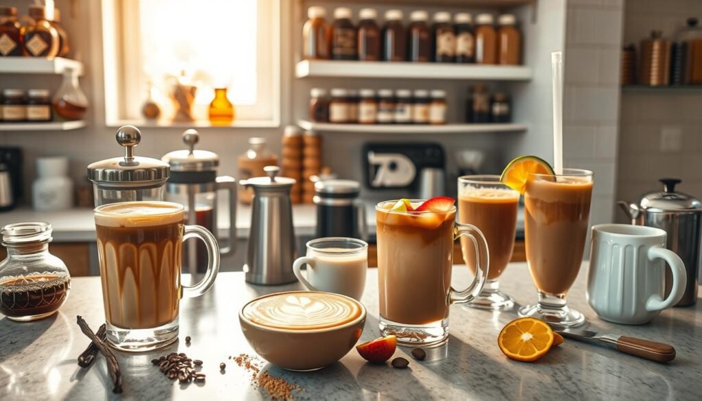 A well-lit kitchen countertop filled with vibrant, homemade craft coffee drinks inspired by a secret menu. In the foreground, a beautifully crafted latte with intricate latte art sits next to an iced coffee in a mason jar, surrounded by fresh ingredients like vanilla beans, cocoa powder, and colorful fruit slices. In the middle, various coffee-making tools such as a French press, milk frother, and stylish mugs are neatly arranged, emphasizing the DIY theme. The background features shelves filled with jars of syrups and coffee beans, with a bright window filtering warm, golden light into the space, creating a cozy atmosphere. The overall mood is inviting and creative, showcasing the joy of making unique coffee drinks at home. A well-lit kitchen countertop filled with vibrant, homemade craft coffee drinks inspired by a secret menu. In the foreground, a beautifully crafted latte with intricate latte art sits next to an iced coffee in a mason jar, surrounded by fresh ingredients like vanilla beans, cocoa powder, and colorful fruit slices. In the middle, various coffee-making tools such as a French press, milk frother, and stylish mugs are neatly arranged, emphasizing the DIY theme. The background features shelves filled with jars of syrups and coffee beans, with a bright window filtering warm, golden light into the space, creating a cozy atmosphere. The overall mood is inviting and creative, showcasing the joy of making unique coffee drinks at home.